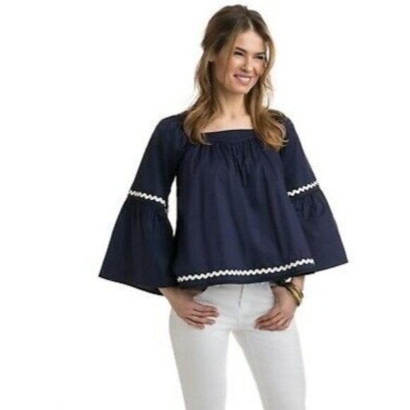 Vineyard Vines Ric Rac Bell Sleeve Blouse Navy Blue Size S Crop Cotton-Blend - Picture 1 of 7